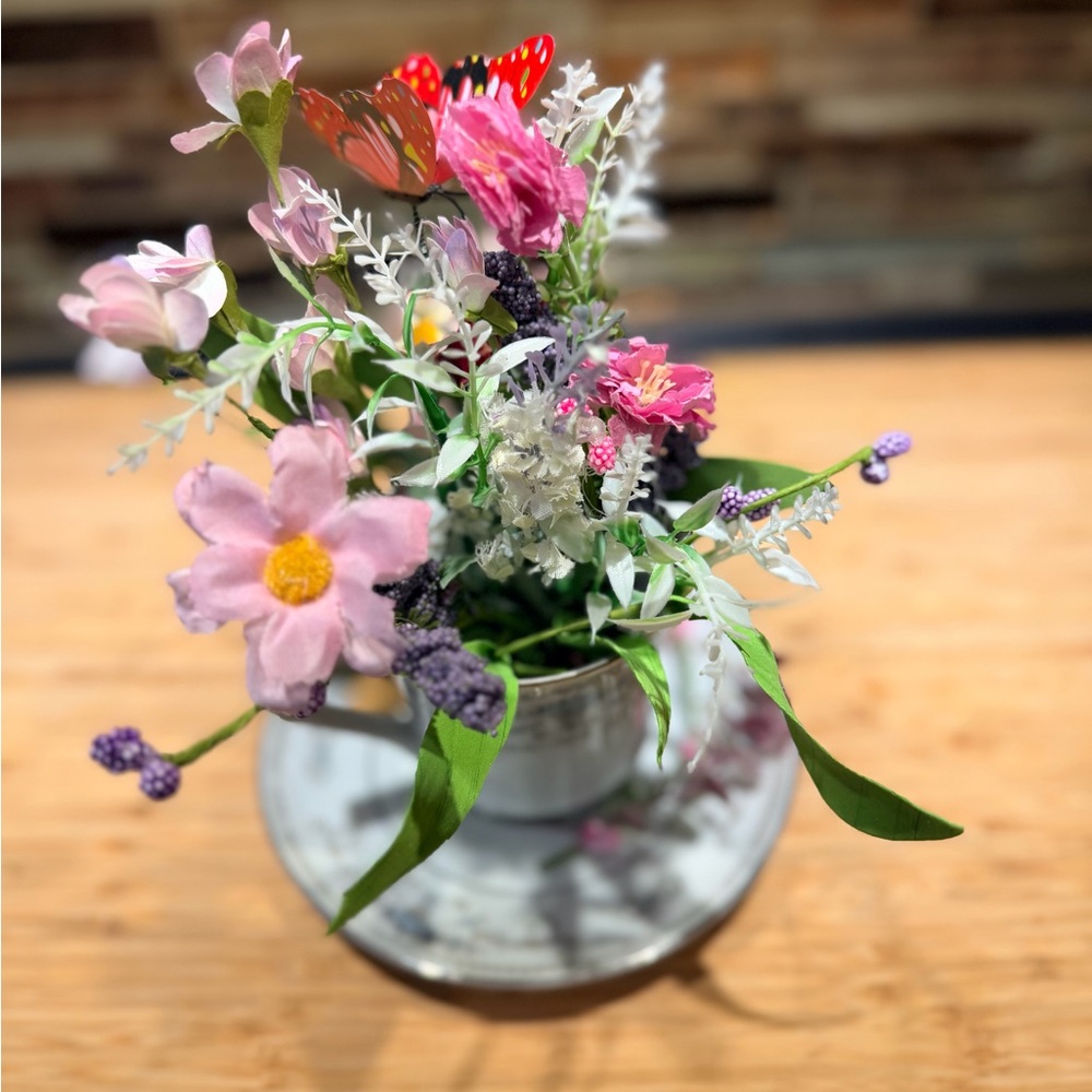 Floral Arrangement in a vintage teacup and saucer with Butterfly Accent - Picture 4 of 6